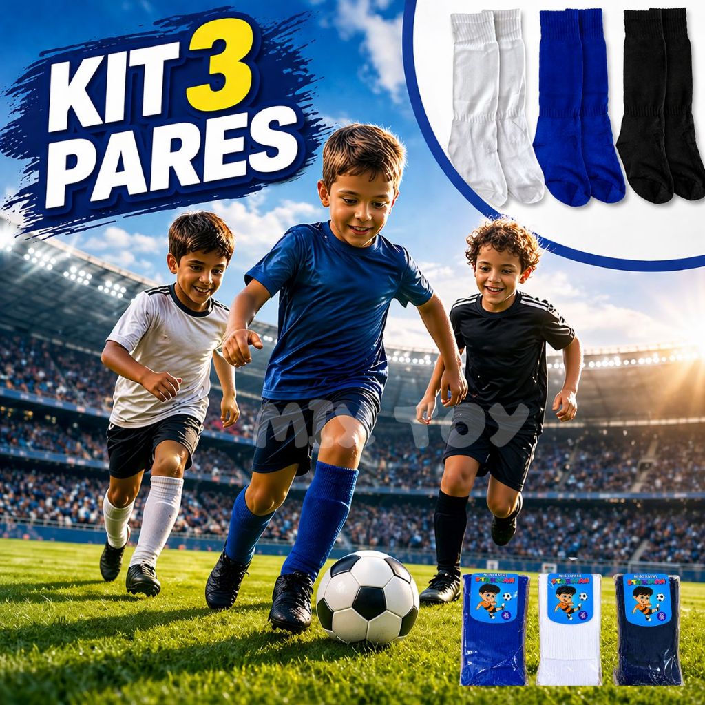 Kit 3 Pares Meião De Futebol Infatil Esportivo Juvenil Longo 25 ao 36 Esporte
