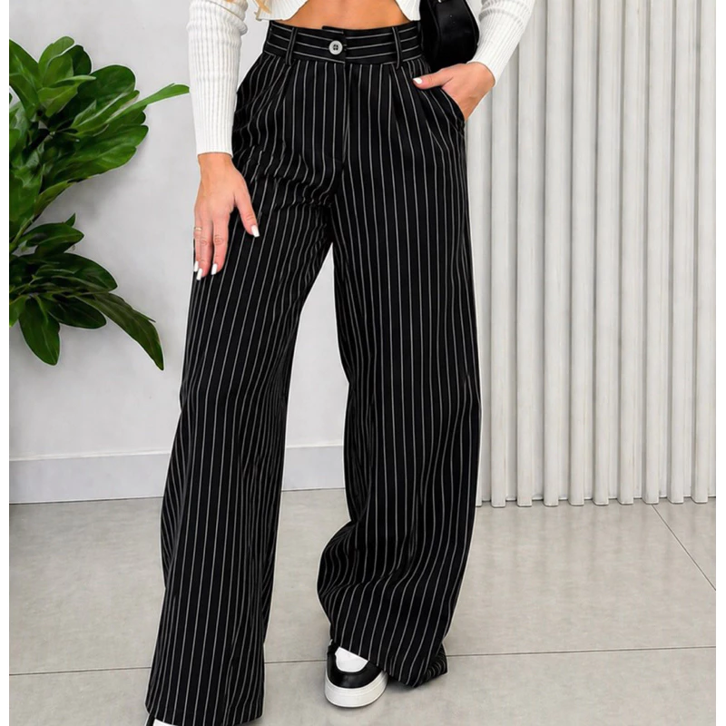 Calça Feminina Alfaiataria Pantalona Risca de Giz – Cintura Alta com Botão | Elegante e Moderna