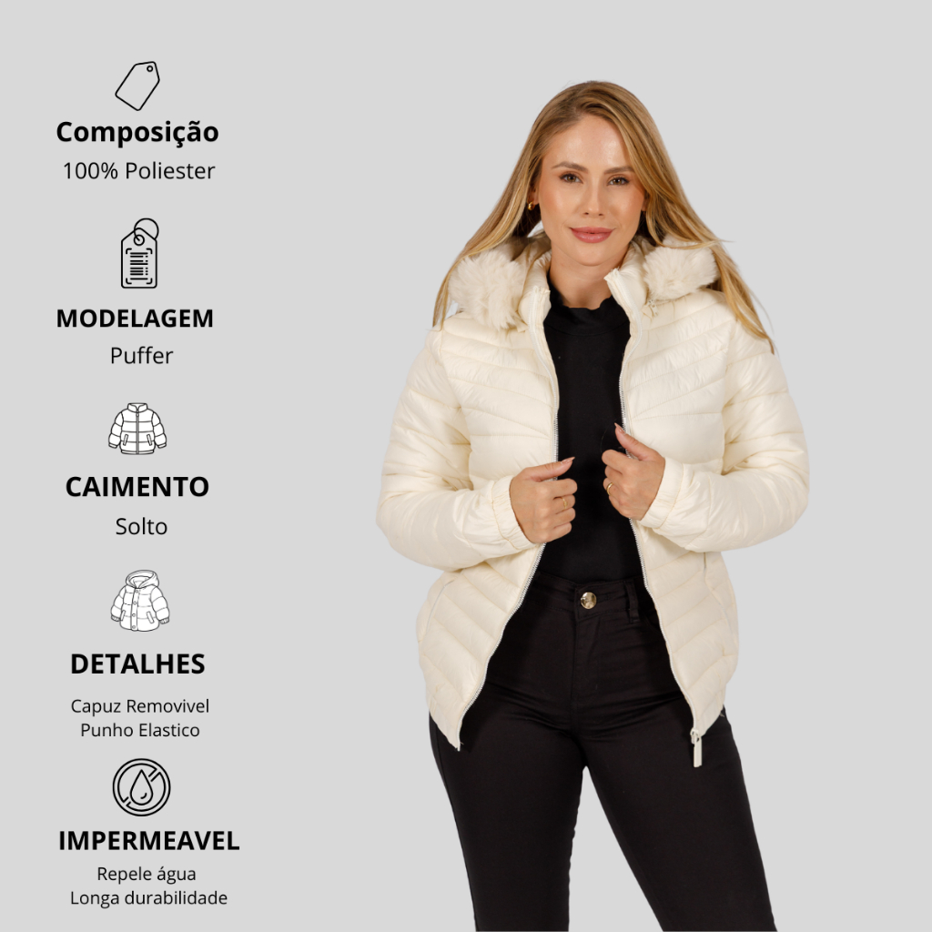 Jaqueta Puffer Feminina Forrada Pelinhos  Inverno Gola Alta Capuz Inverno Quente Bombojaco Casual
