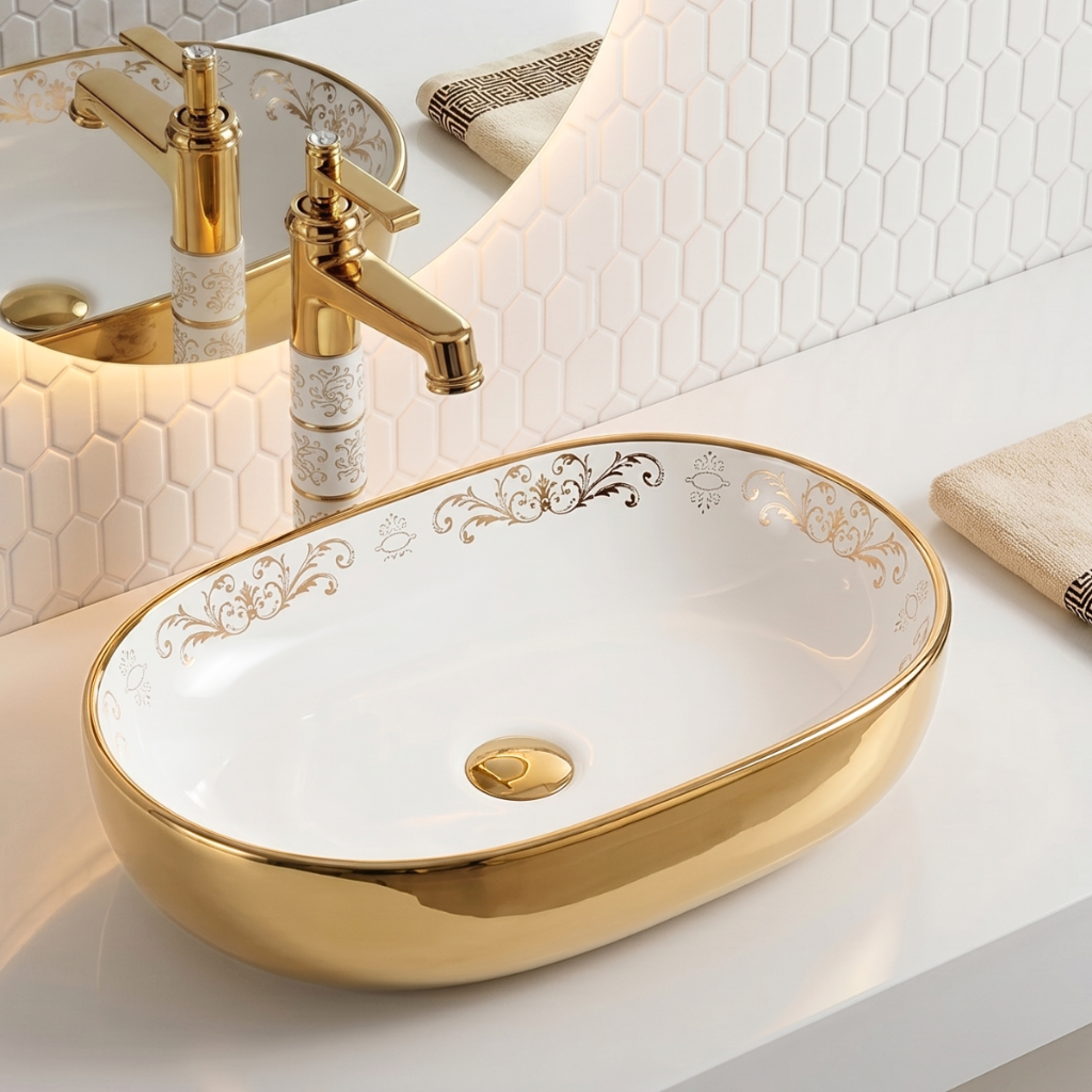 Cuba de Apoio Oval 60x39cm Branco com Dourado Pia Cerâmica Design Exclusivo Vivaz®