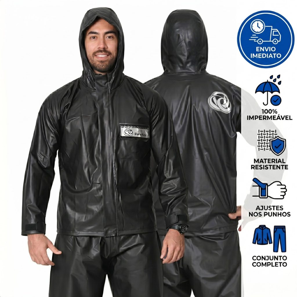 Conjunto Motoqueiro Capa Chuva com Capuz e Calça Impermeável Emborrachada Refletivo Motoboy