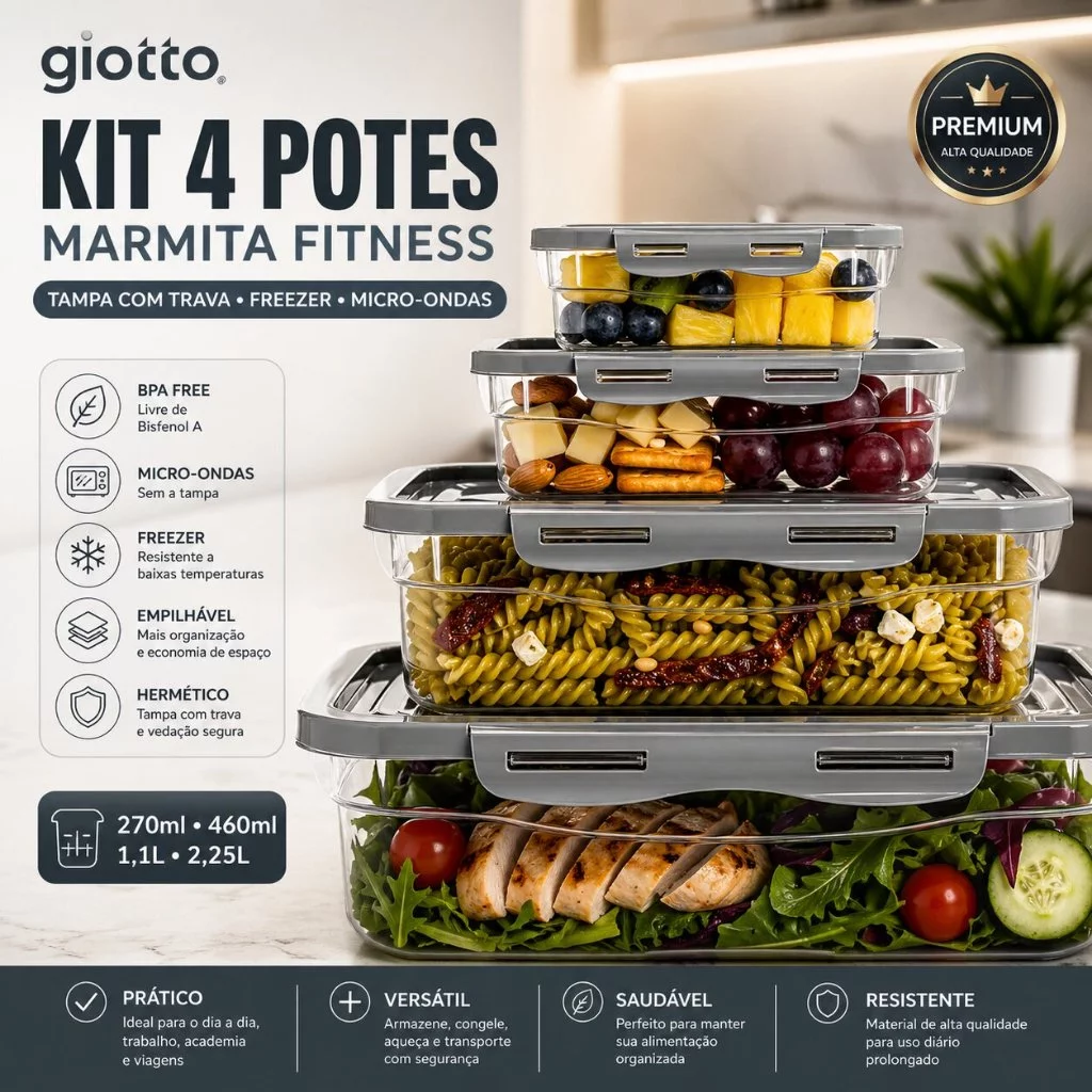 Kit 4 Potes Marmitas Fitness Tampa Trava 270ml, 460ml, 1,1L e 2,25L Cinza Freezer Microondas Giotto — imagem 1