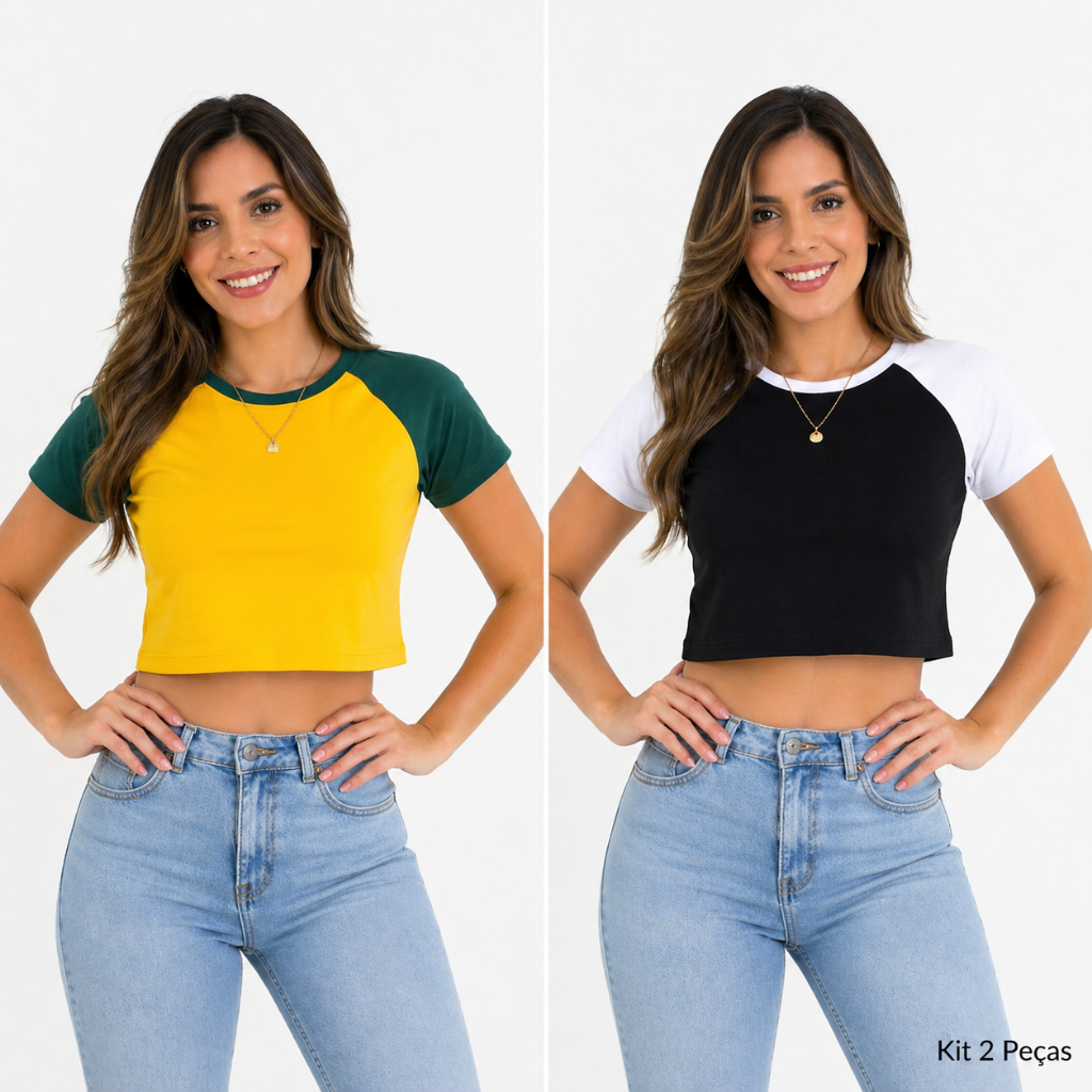 Kit 2 Blusas Cropped Raglan Feminina Manga  Curta Bicolor Casual Dia a Dia Moda Feminina  Cores Variadas