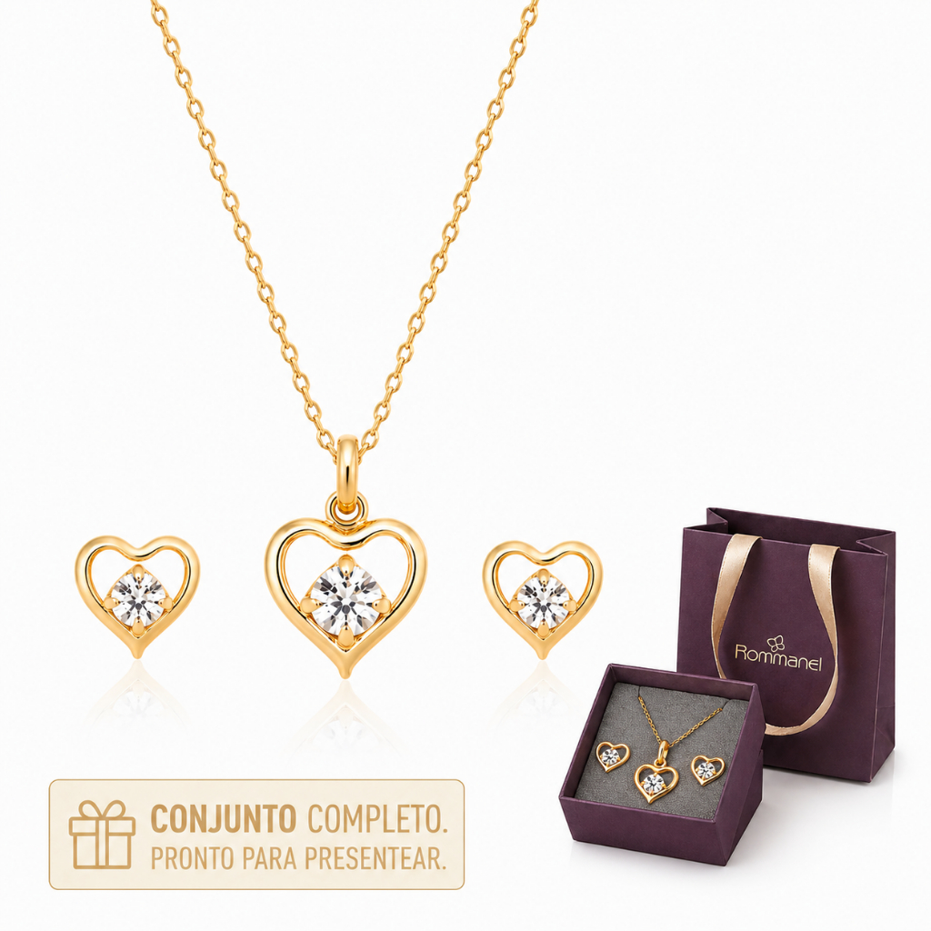 Kit Coração Rommanel Colar + Pingente + Brinco Original com caixinha e Sacolinha de Brinde K127