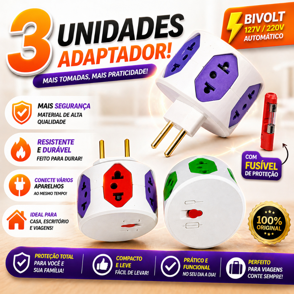 Adaptador de Tomada Filtro De Linha Sem Fio Tomada Hexágono 6 Saídas Com Fusível 10A/20A Pino Maciço Resistente