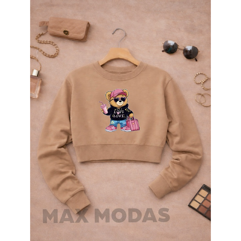 Cropped Moletom Modelo Novo Urso Bolsa Do P ao GG Estampado