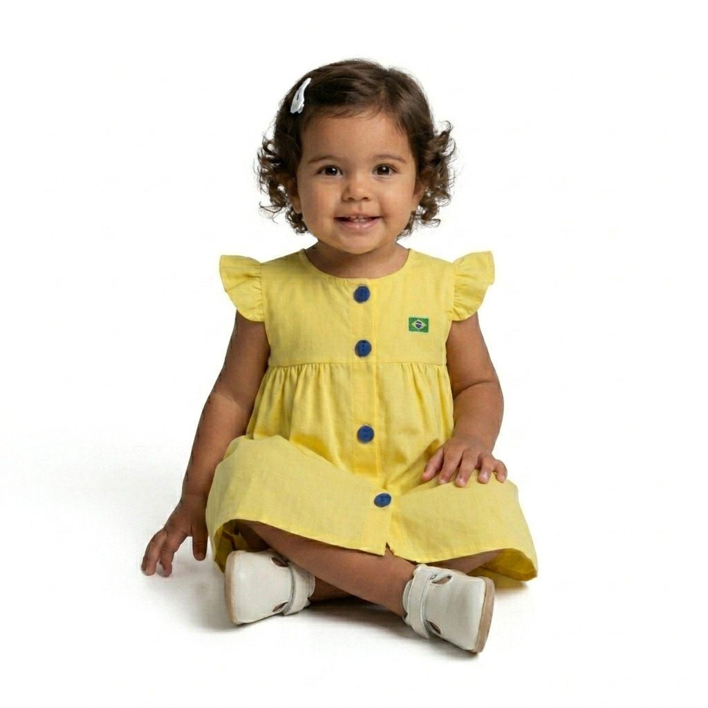 Roupa Infantil Menina Vestido de Bebê Copa Brasil Confortável e Macio 100% Algodão Mundo Nina