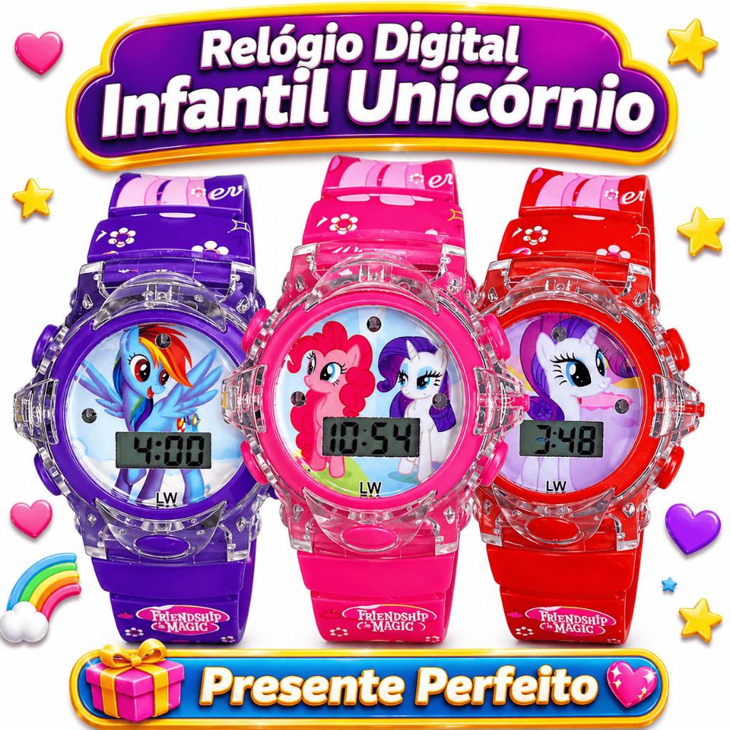 Relógio infantil para meninas poney unicornio feminino musical e com Led colorido perfeito