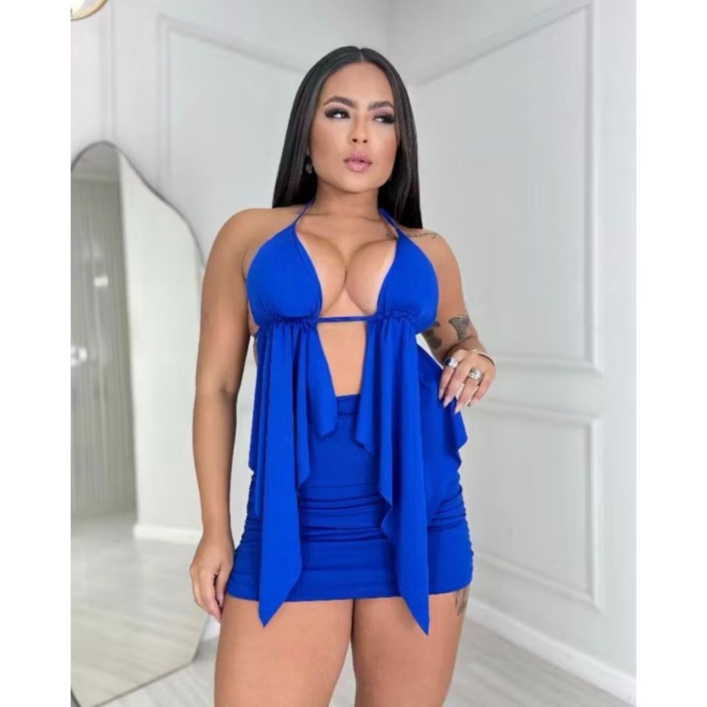 Conjunto Gringa Mini Saia e Cropped Malibu Suplex Ousado
