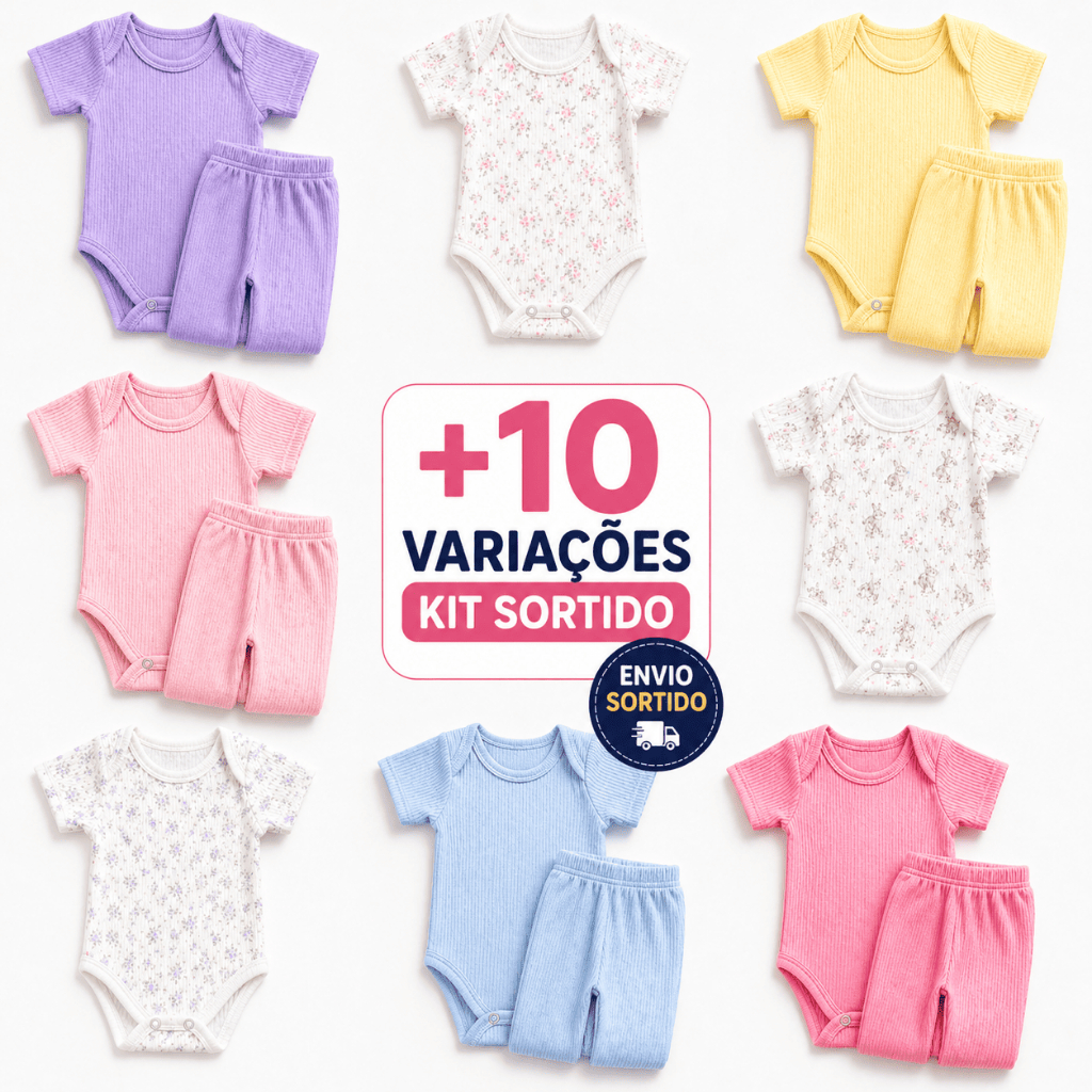 Kit 8 Peças Body Bebê Manga Curta e Calça Menina Roupa Bebê Feminino Maculino