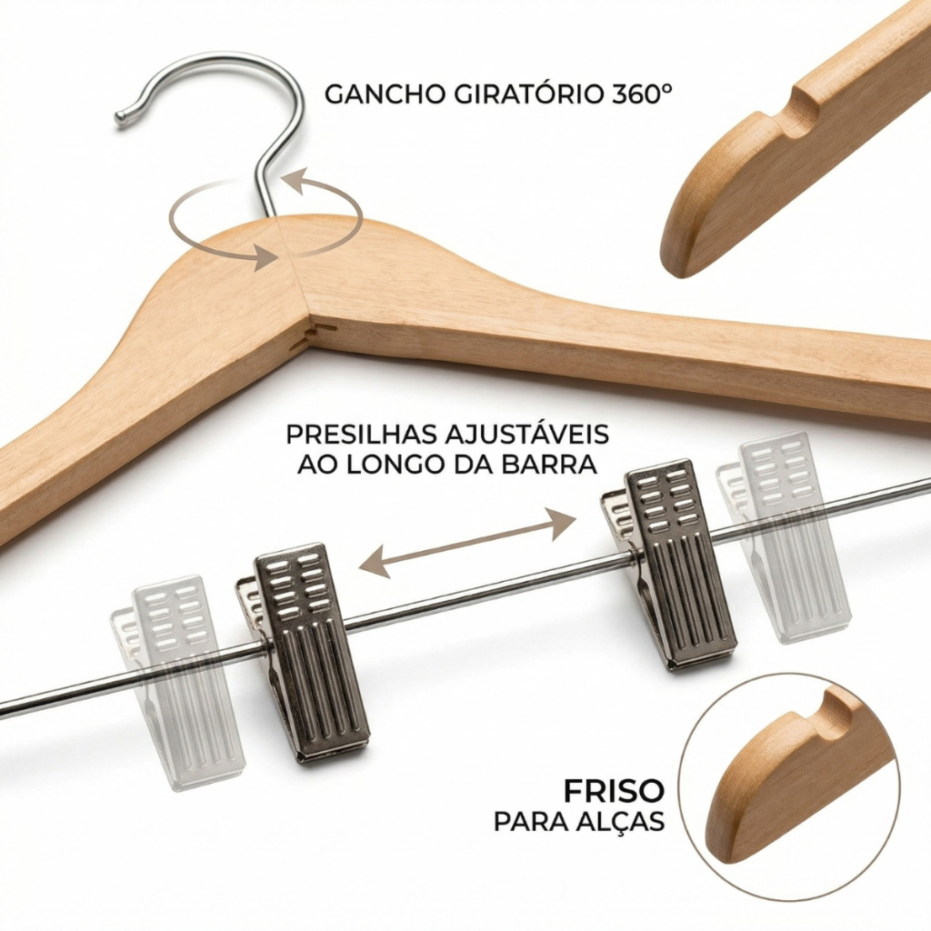 Detalhes do Kit 50 Cabides Madeira Presilha Marfim Envernizado Premium Adulto Atacado Saia Vestido Calça