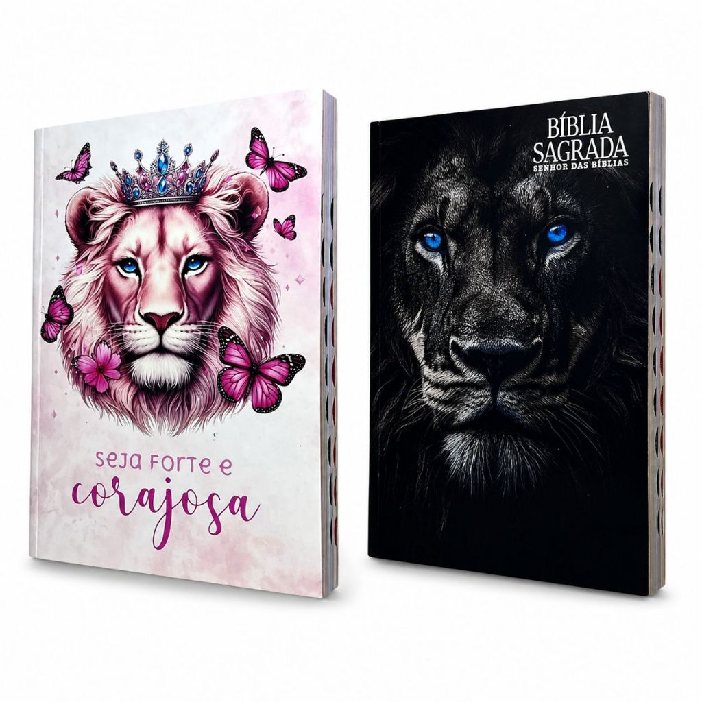 Kit 2 Bíblias Cristã NVA Letra Normal Capa Brochura Full Color Leão Rosa e Leão Preto Com Índice