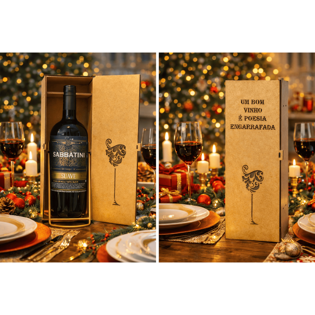 Caixa Port Vinho de 1L MDF Presente Especial Para Datas Comemorativas Kit Festa Corporativo Dia dos Namorados