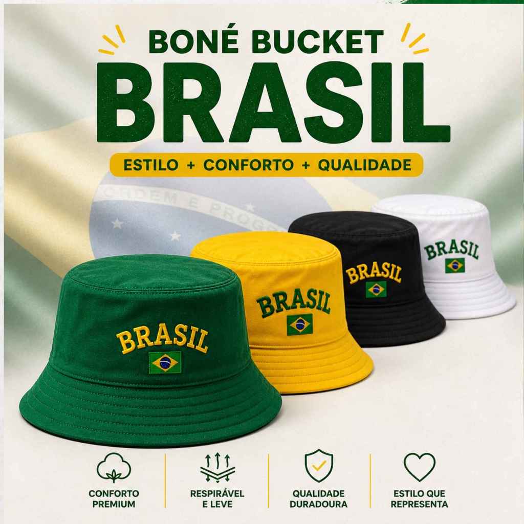 Chapéu Bucket Hat Brasil Bordado Copa do Mundo 2026 Unissex Verde Amarelo Preto Branco Torcedor