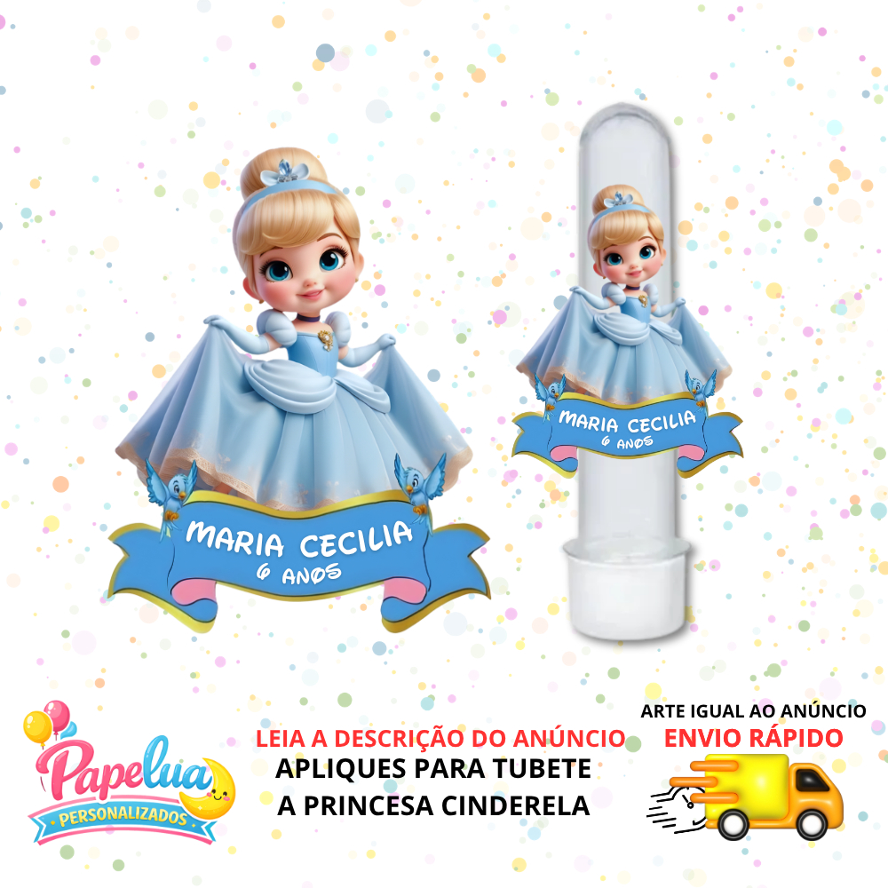 Apliques para Tubete Princesa Cinderela personalizado (já vai recortado) – Lembrancinha Festa Infantil
