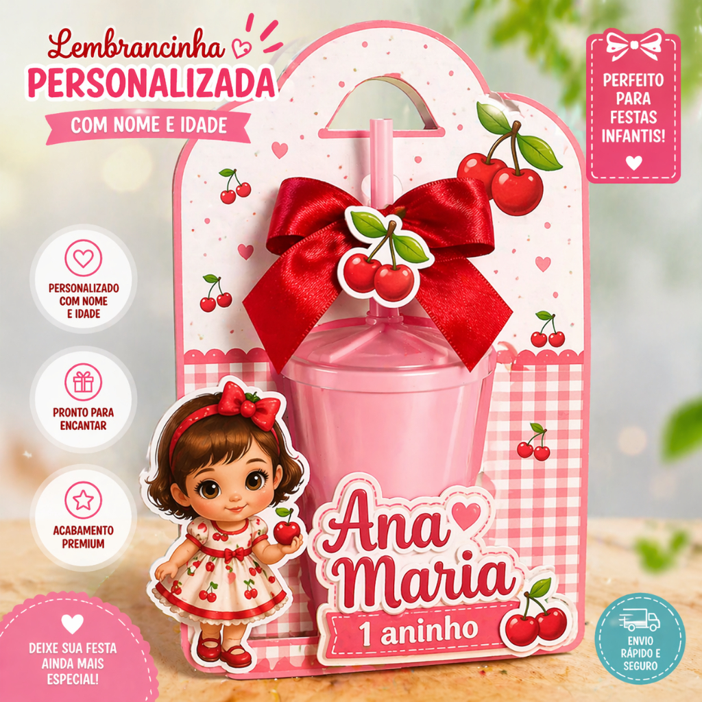 Suporte / Caixa para Copo Canudinho Personalizado Cerejinha | Lembrancinha| Qualquer Tema |Com Laço