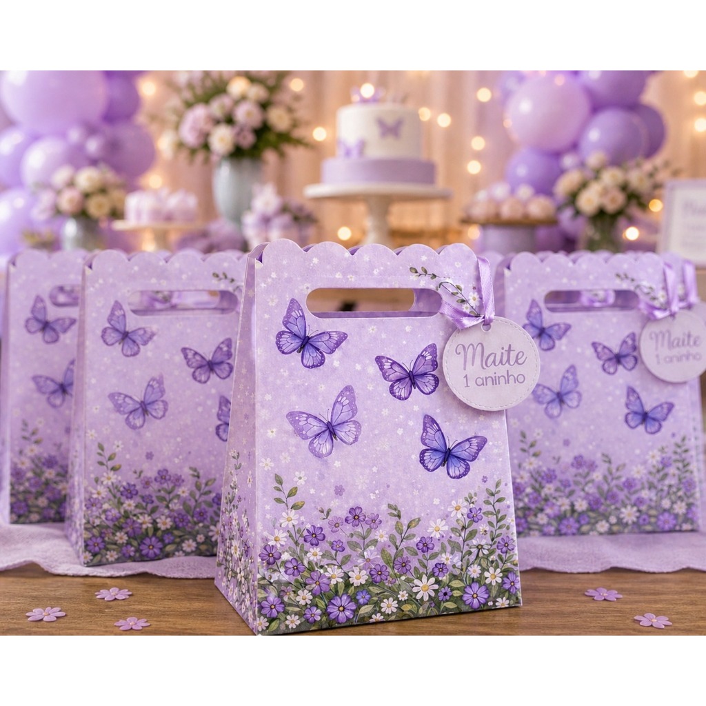 ESCOLHA SEU TEMA Sacolinha Jardim das Borboletas Lilás e roxo Personalizada Lembrancinha para Festa Infantil