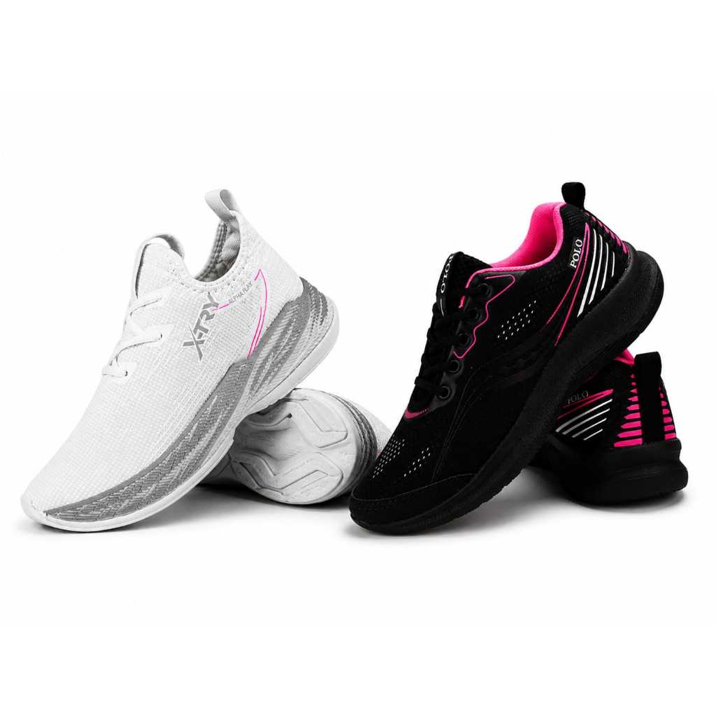 Kit Tênis Feminino Esportivo Caminhada Polo Running Preto Rosa Pink +Tênis branco feminino mod.XT2479 esportivo ortopédi