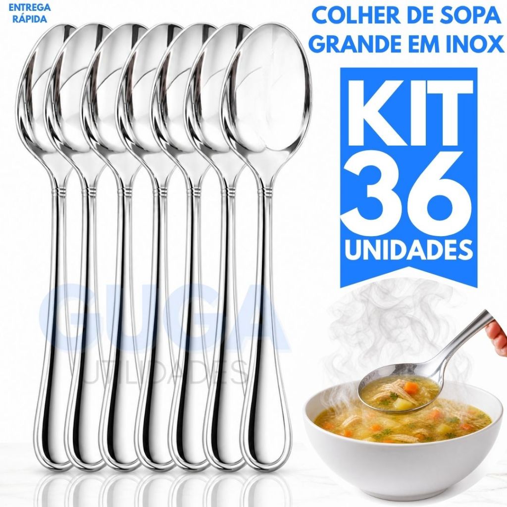 Kit 36 Colheres de Sopa C/ Variações 18/36/72 Inox Premium Alta Durabilidade para Caldos