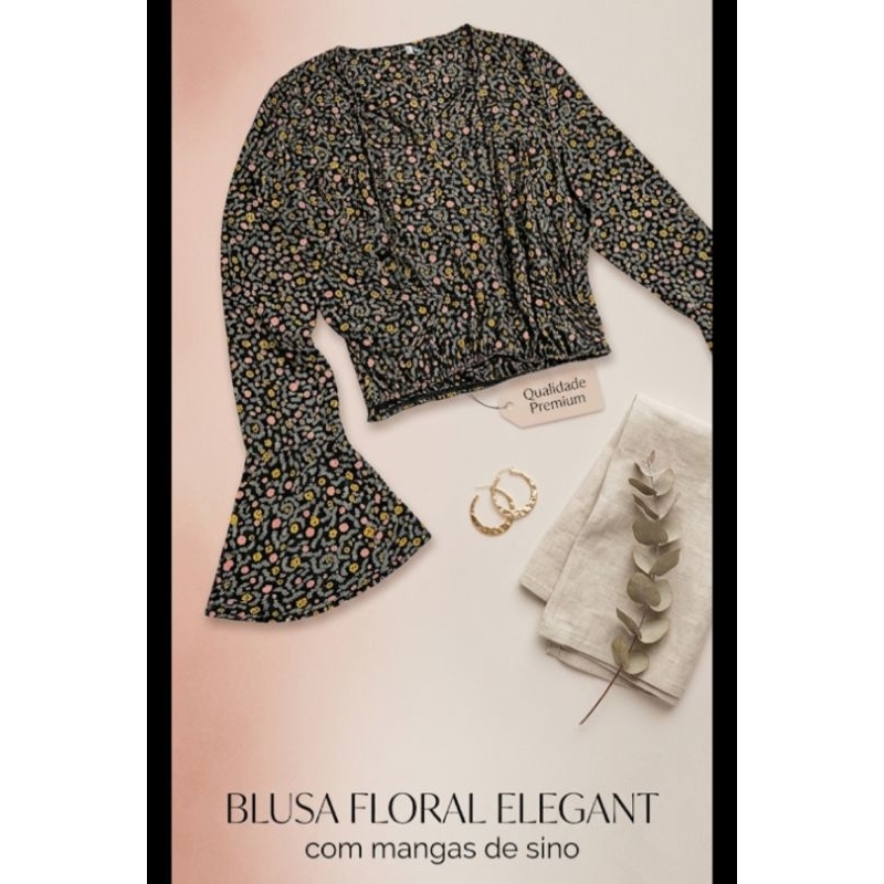 Blusa Cropped Feminina Floral Manga Sino Flare Lastex Na Cintura Estilo Boho Chic Viscose Premium Tendência Verão
