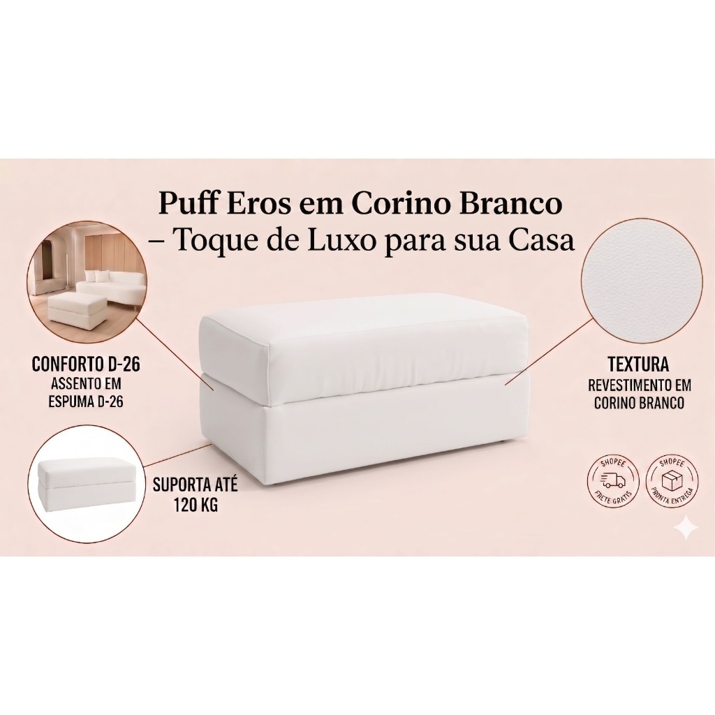 Puff Eros Corino Branco 90cm Grande | Puff Sala Moderno Banco Estofado