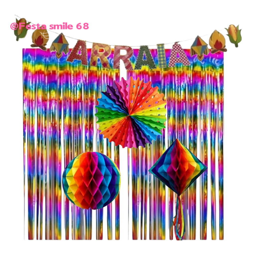 Kit Decoração Festa Junina São João Cortinas colorido Faixa ARRAIA BALÃO De Papel Completo