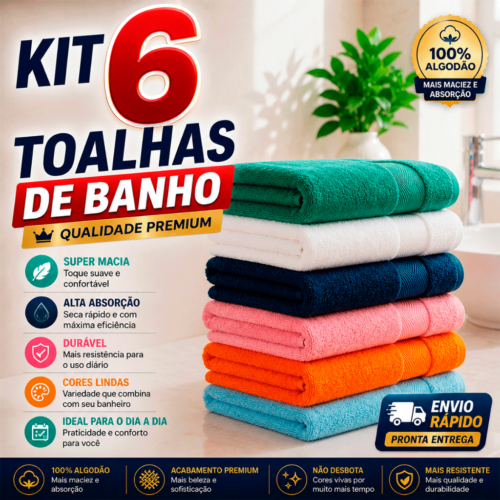 Kit 6 Toalhas De Banho SoftLux Tamanho 65x120cm Macias Resistentes 100% Algodão e De Alta Absorção