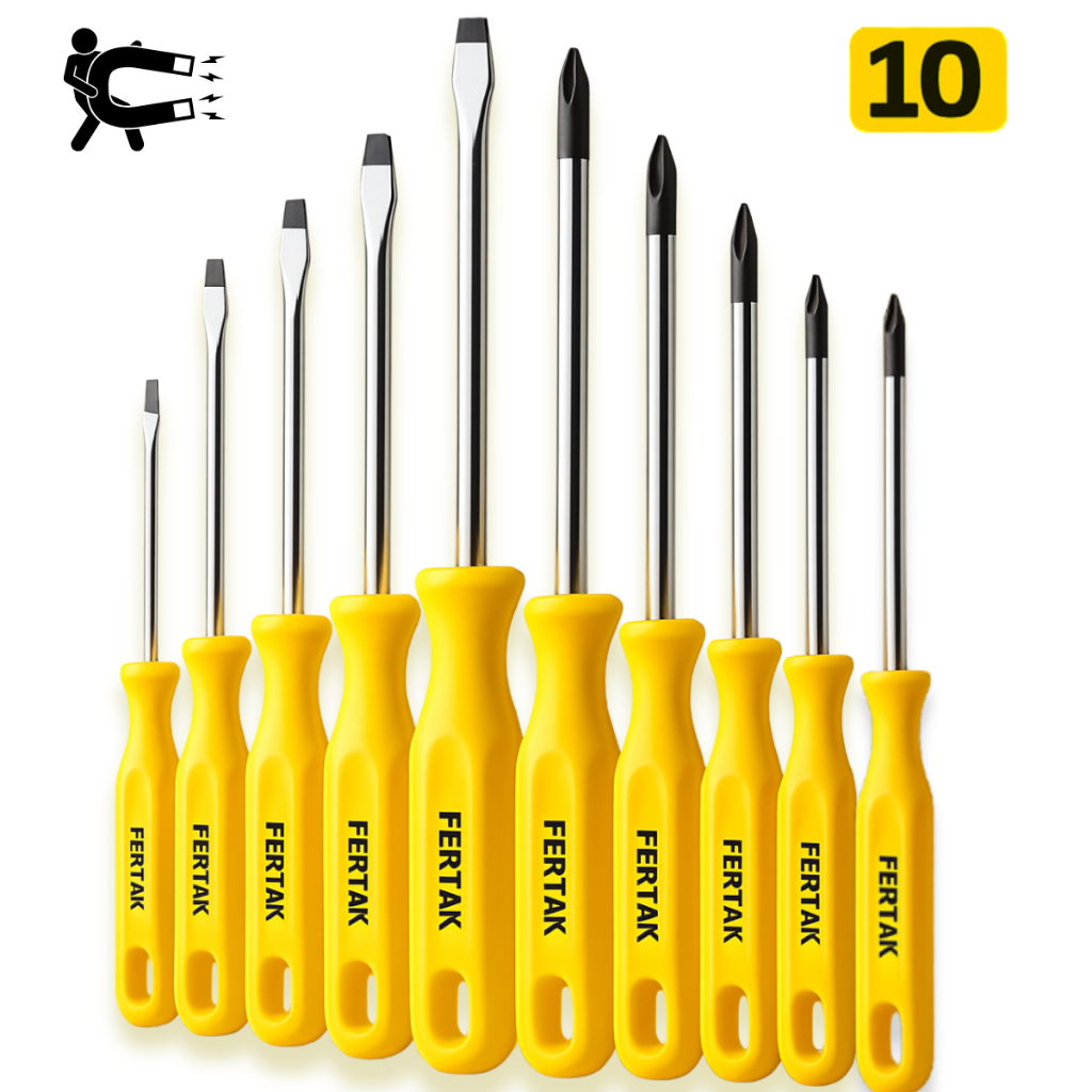 Jogo Com 10 Chave de Fenda e Phillips Profissional Kit Imantada Magnética Imã Fertak Envio Imediato