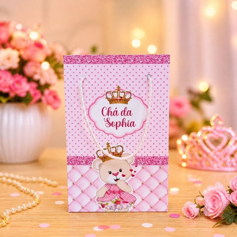 PEGUE E MONTE- Sacolinha Surpresa Ursinha Princesa Rosa P- Personalizados- Lembrancinha- Festa - Aniversário- Decoração