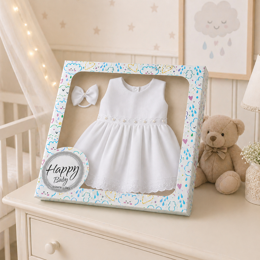 Vestido de Batizado Bebê Menina com Tiara Gabi Roupa Infantil com Caixa