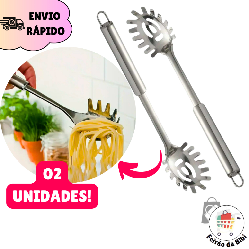 Kit 2 Pegador de Massa para Macarrão Grande com Alça Utensilio de Cozinha de 31cm em Aço Inox