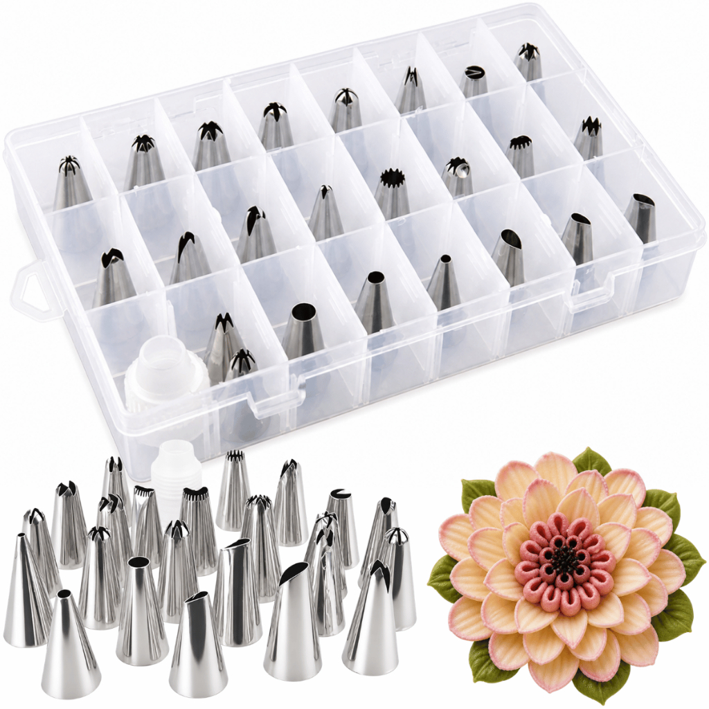 Kit 26 Peças Confeitaria com Maleta Bicos Inox sem Emenda Decorar Bolos Cupcakes Chantilly