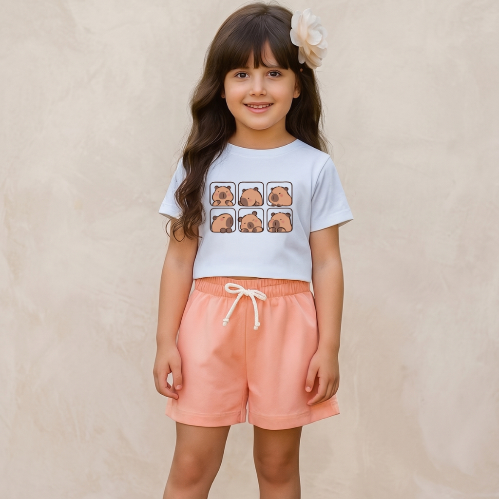 Conjunto Infantil Feminino Short Bermuda e Cropped Desenho Capivara Verão