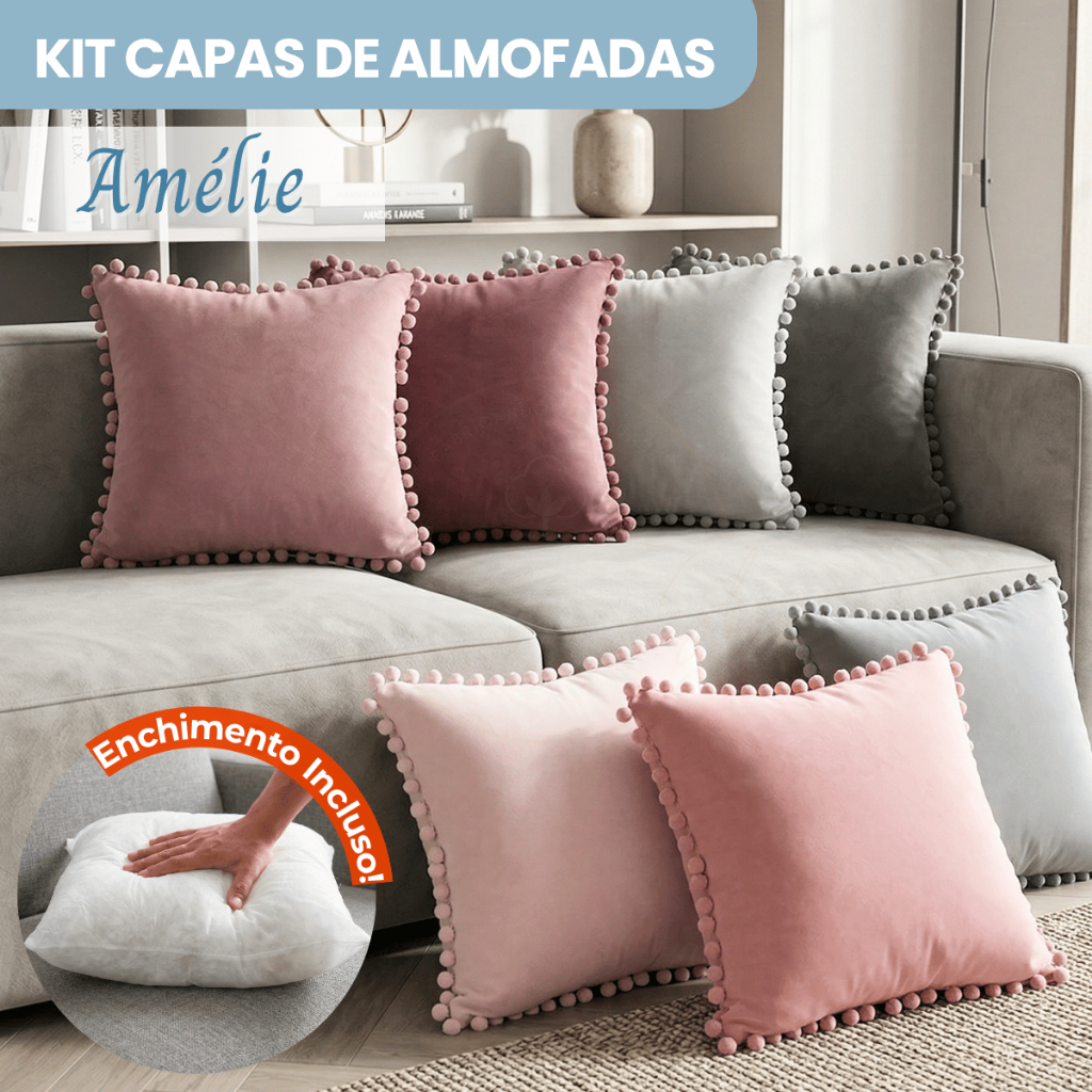 Kit Capas Almofada Amélie Pop C/ Enchimento Incluso Pelúcia Wave Soft Toque Suave Sofisticado