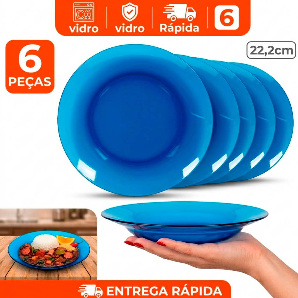 Promoção Jogo kit conjunto 6 Pratos fundos Azul oceano de Vidro Resistente semelhante duralex 22,2cm
