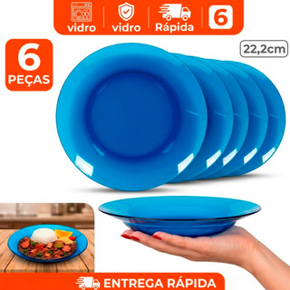 Promoção Jogo kit conjunto 6 Pratos fundos Azul oceano de Vidro Resistente semelhante duralex 22,2cm