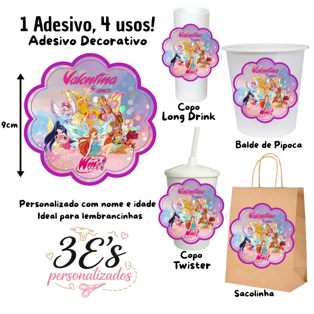 O Clube das Winx Adesivo Personalizado Sacolinhas Balde de Pipoca Copo Twister Copo Long Drink