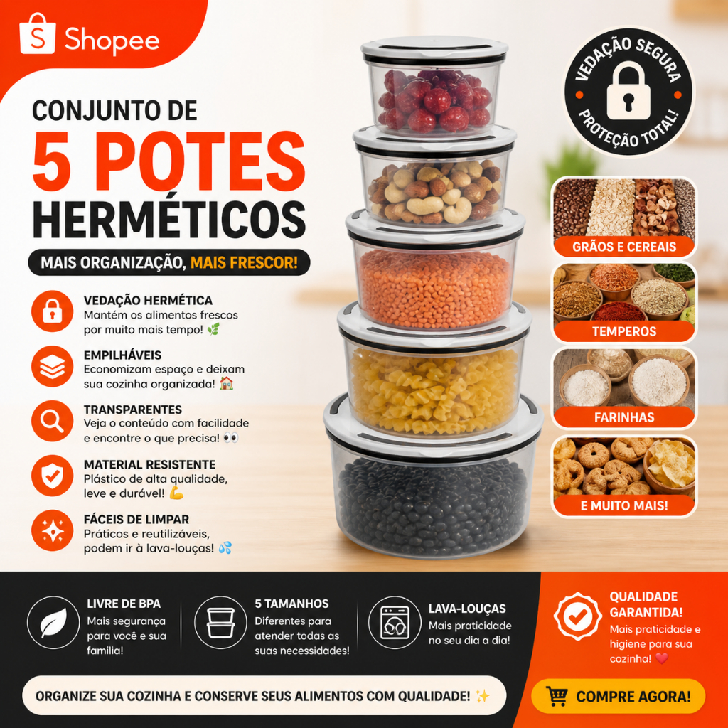 Kit 5 Potes Herméticos Plástico BPA Free Vedação Segura Organizador Alimentos Cozinha