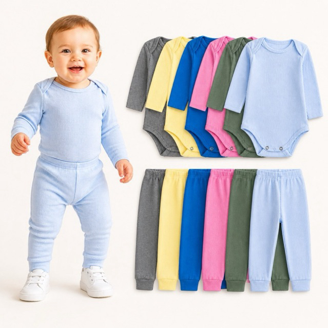 Kit 6 Peças - Conjunto Body + Calça Mijão Pagão Ribana Canelado Manga Longa Bebê / Menino - 3 Conjuntos