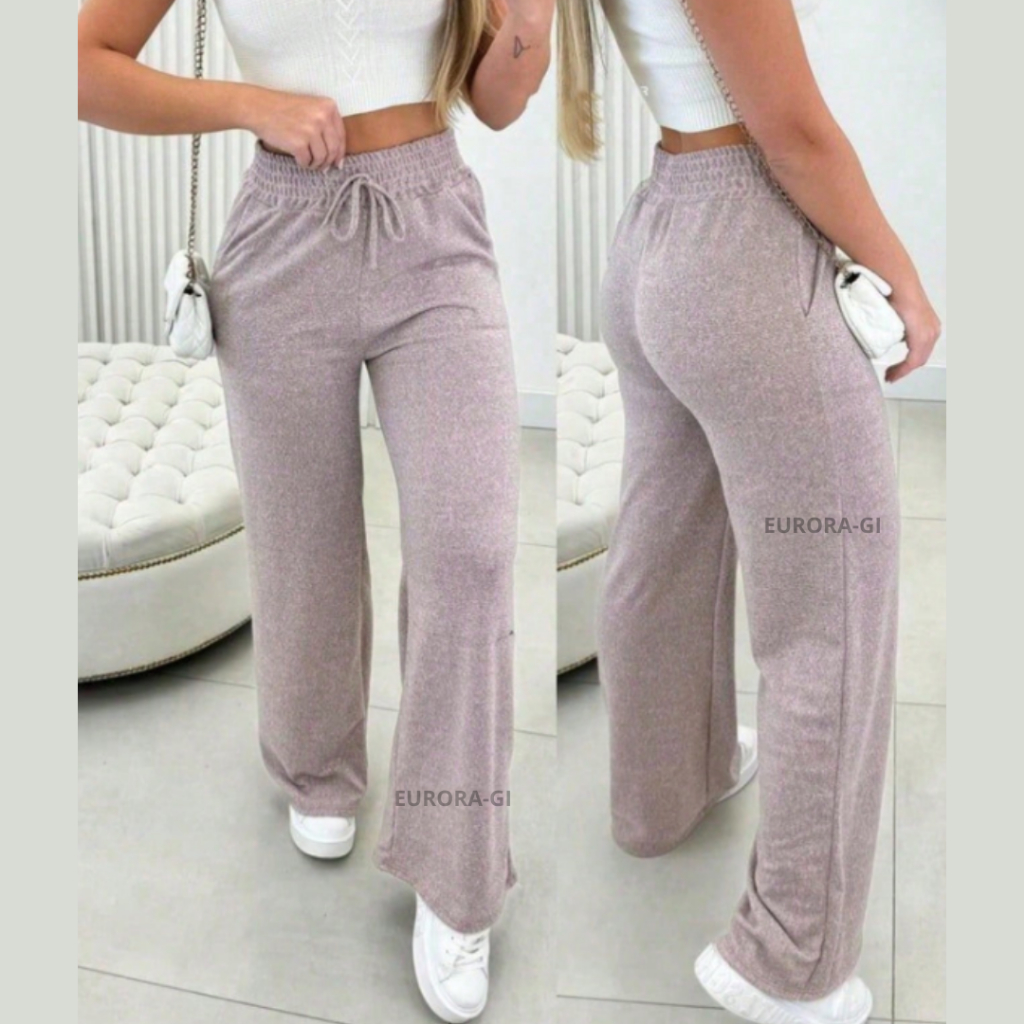 Calça Pantalona Feminina Tecido Lanzinha Premium, Cintura Alta, Com Elástico e Bolsos Para o Inverno