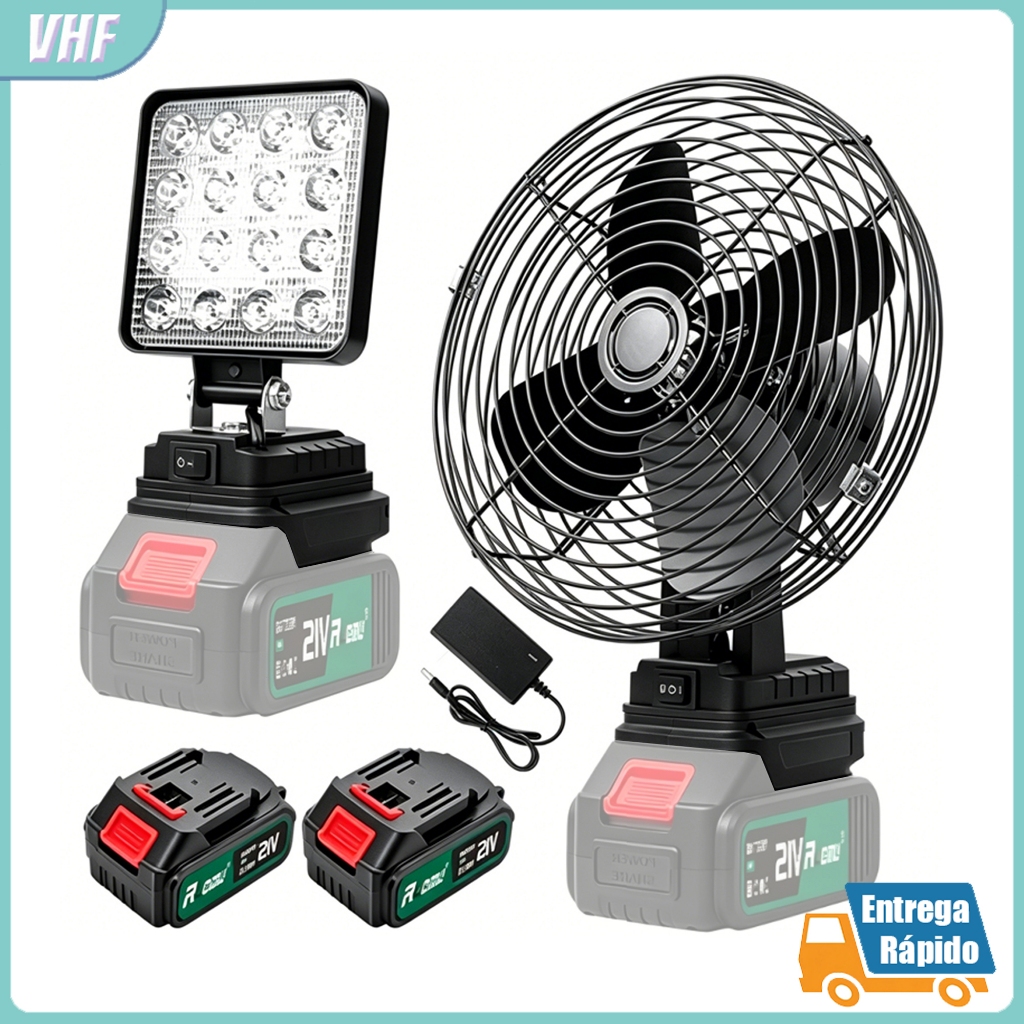 Ventilador 8'' 24V Portátil + Lanterna LED 4'' 2 Baterias Recarregáveis