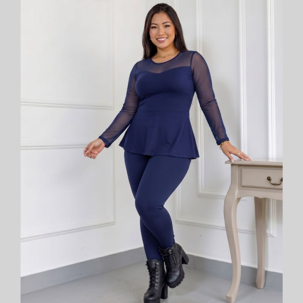Blusa Feminina Peplum Com Manga Longa em Tule Transparente Plus Size 38063