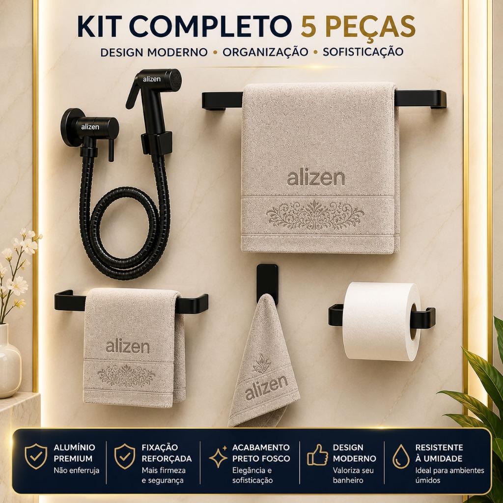 Kit Banheiro Preto Acessórios Ducha Higiênica Porta Toalhas Suporte Papel Higiênico Preto Fosco