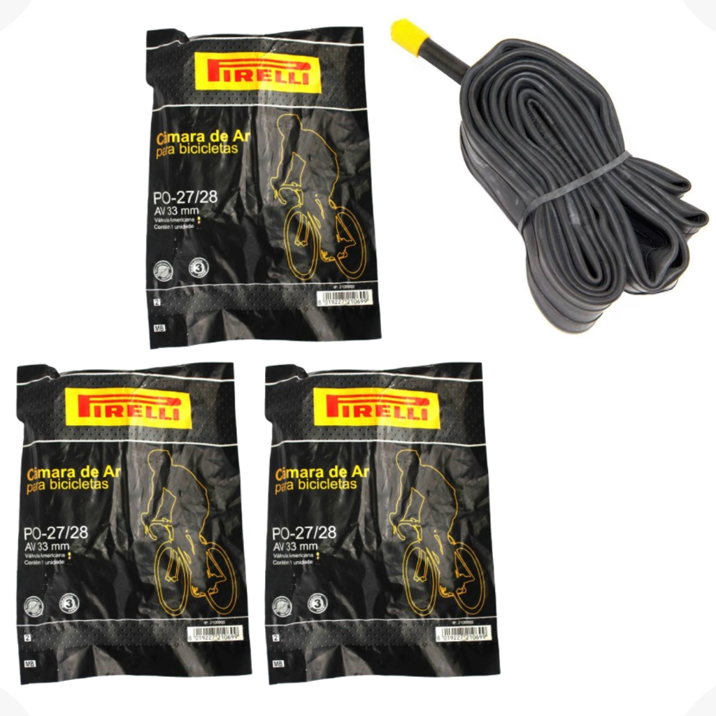 Kit 3 Câmara Ar Bicicleta Aro 27 28 Pirelli Válvula Schrader Bico Grosso 33mm Caloi 10 Monark Speed Vintage Bike Fixa