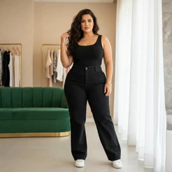 Calça Jeans Feminina Wide Leg Plus Size Cintura Alta Stillger Elastano Confortável Moda Casual