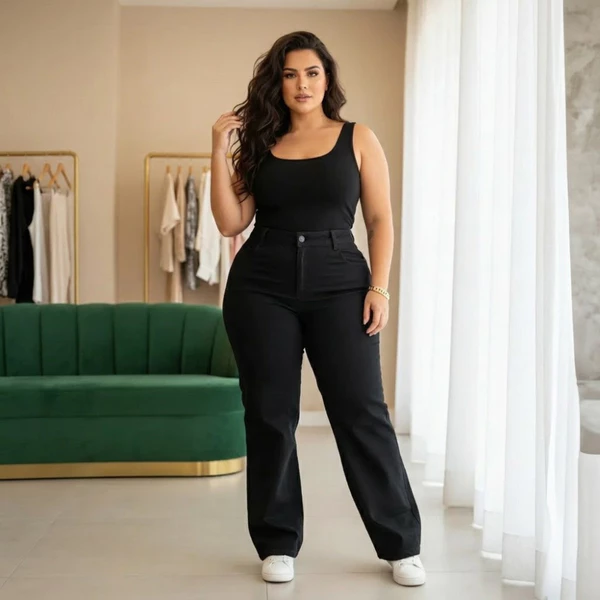 Calça Jeans Feminina Wide Leg Plus Size Cintura Alta Stillger Elastano Confortável Moda Casual
