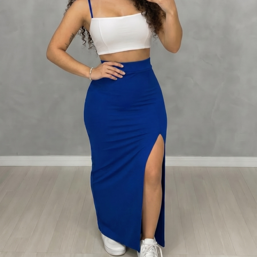 Saia Longa Suplex Com Fenda Cintura Alta Midi Longuete Blogueira Tendência Modinha