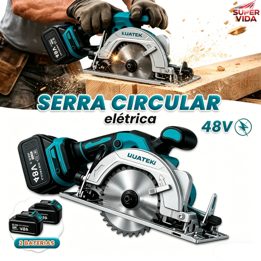 Serra Circular Elétrica Sem Fio 48V 125mm com Bateria para Corte de Madeira 0°-50° Profissional