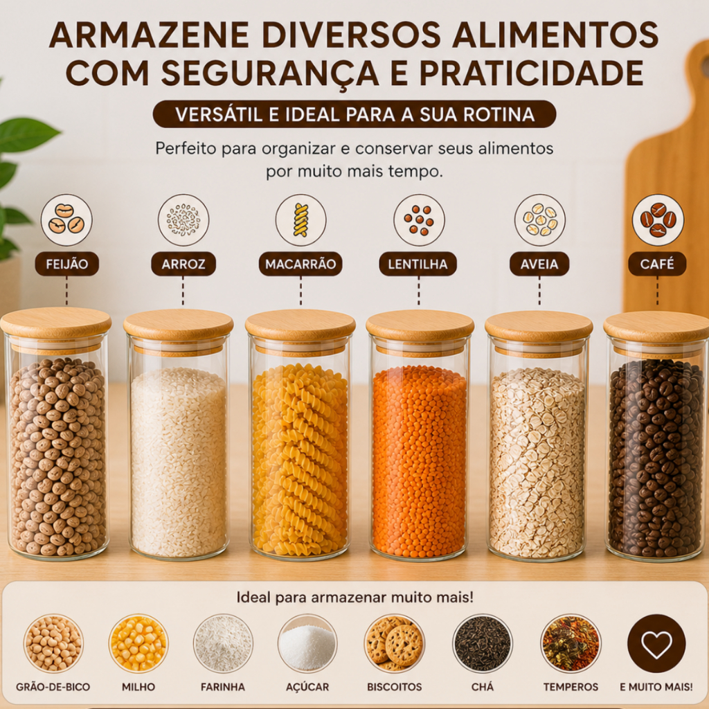 Detalhes do Kit 6 Potes de Vidro Condimentos 500ML Com Tampa de Bambu Hermético Mantimentos Empilháveis