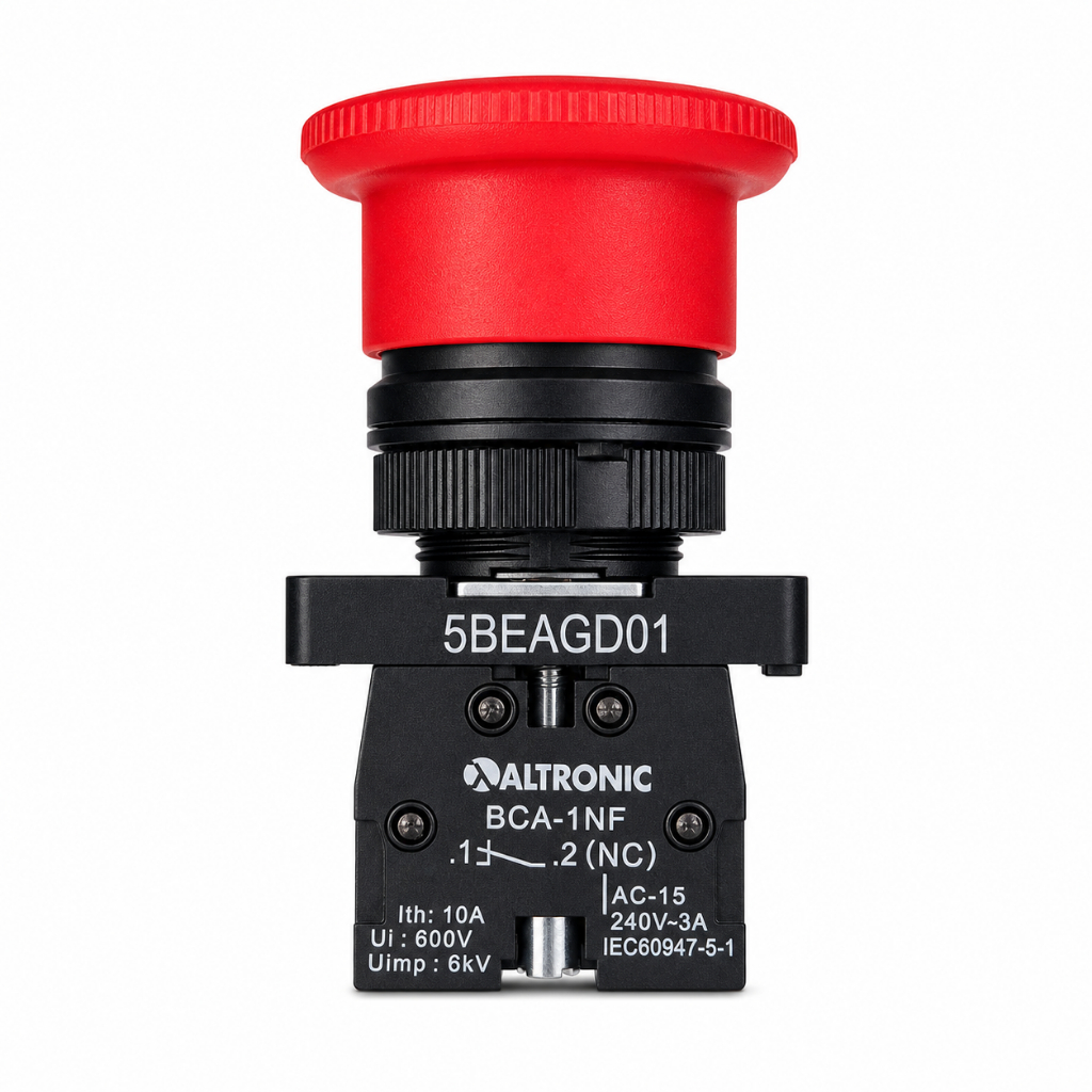 Botão de Emergência Cogumelo Com Trava 1NF 22mm Altronic Vermelho Painel Eletricos